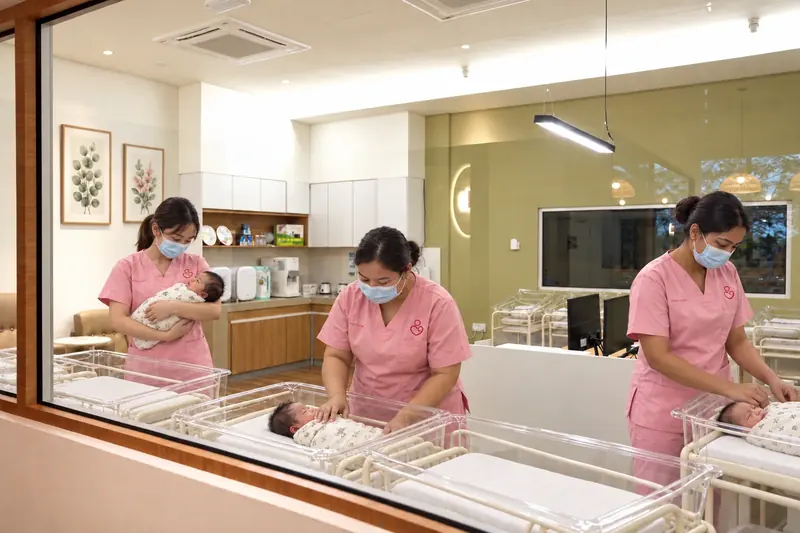 Illustrative Avida nursery scene with three caregivers in matching pink uniforms and three different newborns, including sleeping babies
