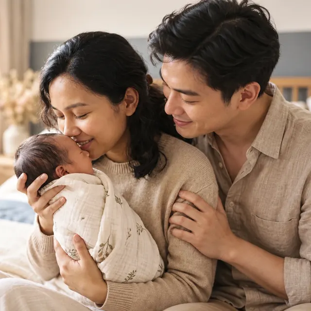 Illustrative portrait of a mother, father and their newborn sharing a tender moment